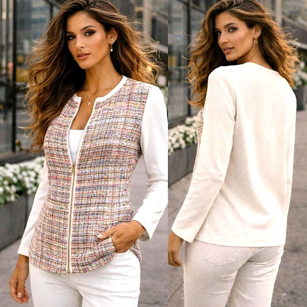 Carlisle Collection L Corpcore Jacket Tweed Multicolor Zip Elegant Career Chic